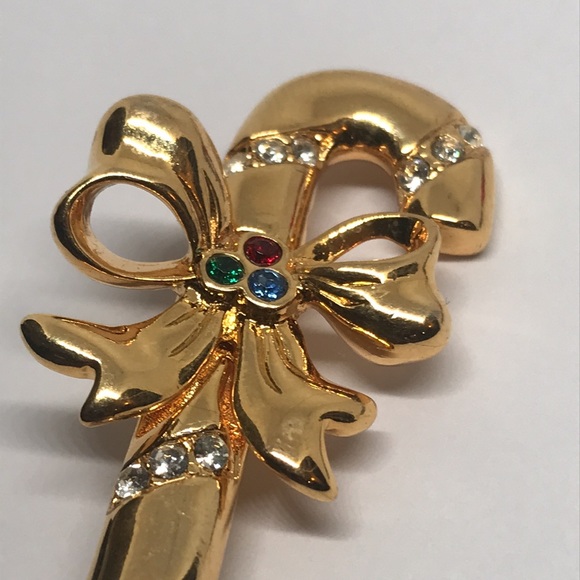 1995 Merksamer Candy Cane W/Bow Christmas Brooch Pin Gold Tone Red Green Blue - Picture 2 of 6